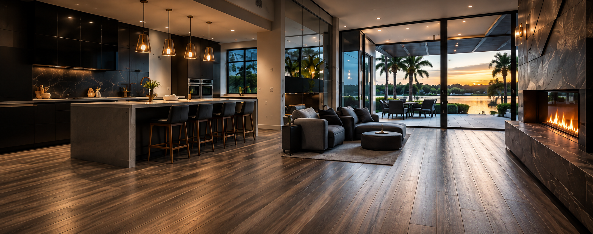 Luxury waterfront interior at sunset with a dark modern kitchen, expansive wood-look flooring, living area, palm trees, and modern fireplace.